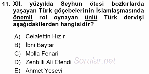 Orta Çağ ve Yeni Çağ Türk Devletleri Tarihi 2016 - 2017 Ara Sınavı 11.Soru
