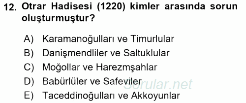 Orta Çağ ve Yeni Çağ Türk Devletleri Tarihi 2016 - 2017 Ara Sınavı 12.Soru