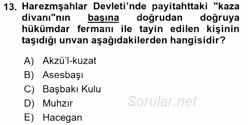 Orta Çağ ve Yeni Çağ Türk Devletleri Tarihi 2016 - 2017 Ara Sınavı 13.Soru