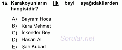 Orta Çağ ve Yeni Çağ Türk Devletleri Tarihi 2016 - 2017 Ara Sınavı 16.Soru
