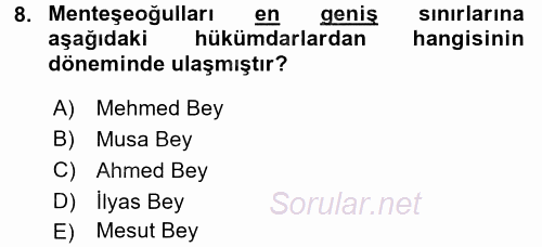 Orta Çağ ve Yeni Çağ Türk Devletleri Tarihi 2016 - 2017 Ara Sınavı 8.Soru