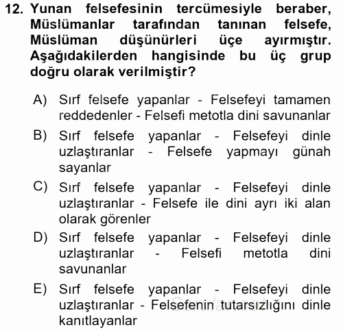 İslam Düşünce Tarihi 2017 - 2018 3 Ders Sınavı 12.Soru