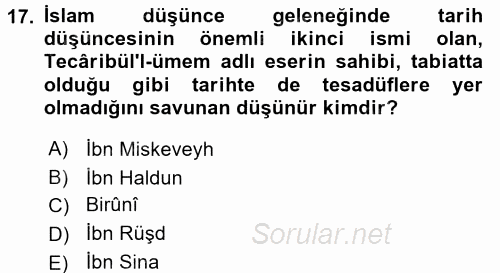 İslam Düşünce Tarihi 2017 - 2018 3 Ders Sınavı 17.Soru