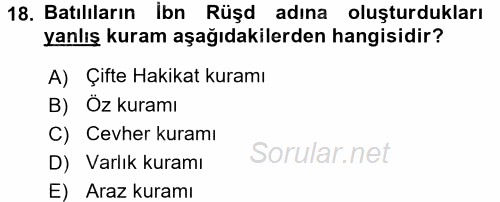 İslam Düşünce Tarihi 2017 - 2018 3 Ders Sınavı 18.Soru