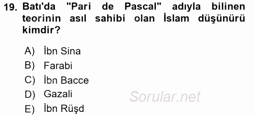 İslam Düşünce Tarihi 2017 - 2018 3 Ders Sınavı 19.Soru