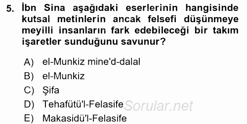 İslam Düşünce Tarihi 2017 - 2018 3 Ders Sınavı 5.Soru