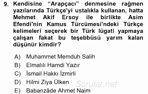 İslam Düşünce Tarihi 2017 - 2018 3 Ders Sınavı 9.Soru