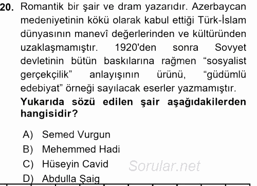 Çağdaş Türk Edebiyatları 1 2015 - 2016 Ara Sınavı 20.Soru