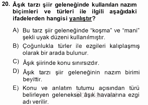 Halk Edebiyatına Giriş 2 2014 - 2015 Dönem Sonu Sınavı 20.Soru