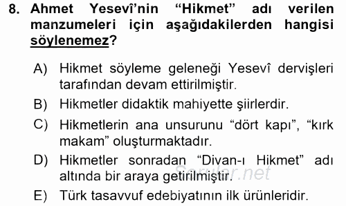 Türk İslam Edebiyatı 2015 - 2016 Dönem Sonu Sınavı 8.Soru