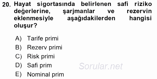 Hayat Sigortaları Ve Bireysel Emeklilik Sistemi 2015 - 2016 Dönem Sonu Sınavı 20.Soru