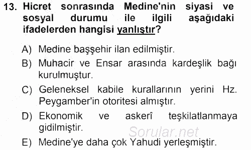 İslam Tarihi ve Medeniyeti 1 2012 - 2013 Ara Sınavı 13.Soru