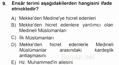 İslam Tarihi ve Medeniyeti 1 2012 - 2013 Ara Sınavı 9.Soru