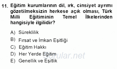 Türk Eğitim Sistemi Ve Okul Yönetimi 2014 - 2015 Ara Sınavı 11.Soru