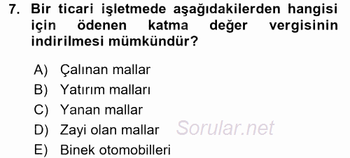 Türk Vergi Sistemi 2015 - 2016 Tek Ders Sınavı 7.Soru