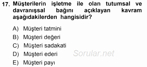 Perakendecilikte Müşteri İlişkileri Yönetimi 2014 - 2015 Tek Ders Sınavı 17.Soru