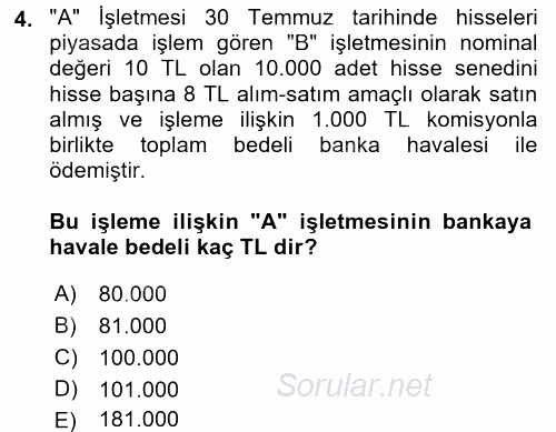 Genel Muhasebe 1 2016 - 2017 Dönem Sonu Sınavı 4.Soru