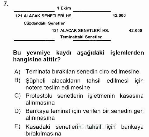 Genel Muhasebe 1 2016 - 2017 Dönem Sonu Sınavı 7.Soru