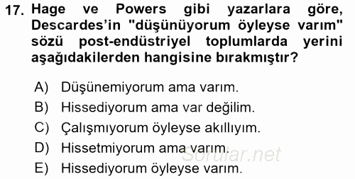 Ekonomi Sosyolojisi 2017 - 2018 3 Ders Sınavı 17.Soru