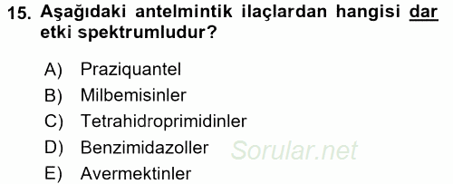 Temel Veteriner Farmakoloji ve Toksikoloji 2015 - 2016 Ara Sınavı 15.Soru