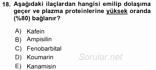 Temel Veteriner Farmakoloji ve Toksikoloji 2015 - 2016 Ara Sınavı 18.Soru