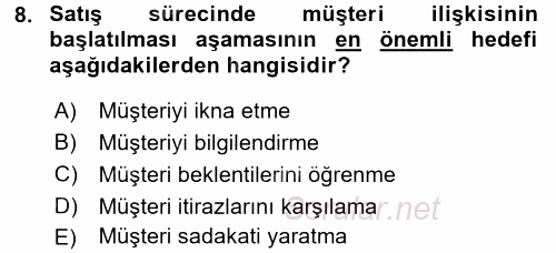 Satış Teknikleri 2017 - 2018 Ara Sınavı 8.Soru