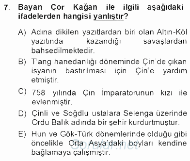 Orta Asya Türk Tarihi 2014 - 2015 Ara Sınavı 7.Soru