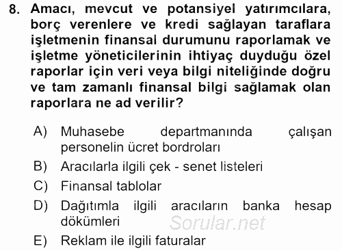 İşletme Fonksiyonları 2017 - 2018 3 Ders Sınavı 8.Soru