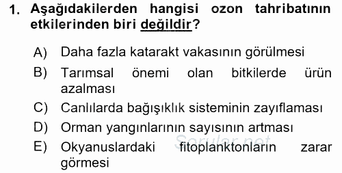 Çevre Sorunları ve Politikaları 2016 - 2017 Dönem Sonu Sınavı 1.Soru