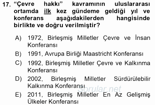 Çevre Sorunları ve Politikaları 2016 - 2017 Dönem Sonu Sınavı 17.Soru