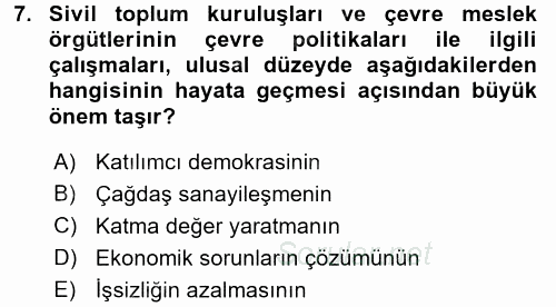 Çevre Sorunları ve Politikaları 2016 - 2017 Dönem Sonu Sınavı 7.Soru