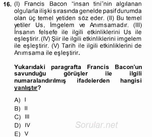 Tarih Felsefesi 1 2014 - 2015 Tek Ders Sınavı 16.Soru