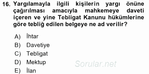 Hukuk Dili Ve Adli Yazışmalar 2016 - 2017 3 Ders Sınavı 16.Soru
