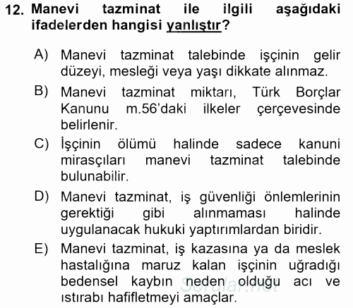 İş Sağlığı ve Güvenliği 2017 - 2018 3 Ders Sınavı 12.Soru