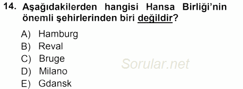 Orta Çağ-Yeni Çağ Avrupa Tarihi 2012 - 2013 Ara Sınavı 14.Soru