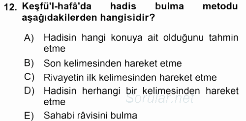 Hadis 2015 - 2016 Tek Ders Sınavı 12.Soru