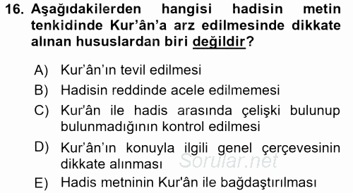 Hadis 2015 - 2016 Tek Ders Sınavı 16.Soru