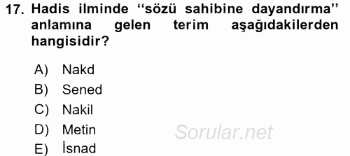 Hadis 2015 - 2016 Tek Ders Sınavı 17.Soru