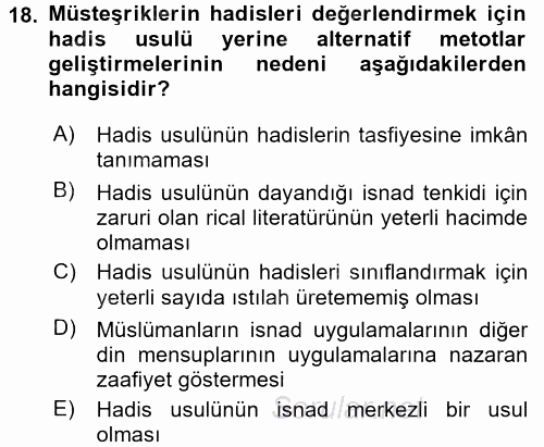 Hadis 2015 - 2016 Tek Ders Sınavı 18.Soru