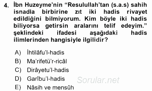 Hadis 2015 - 2016 Tek Ders Sınavı 4.Soru