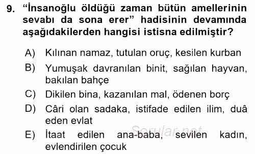 Hadis 2015 - 2016 Tek Ders Sınavı 9.Soru