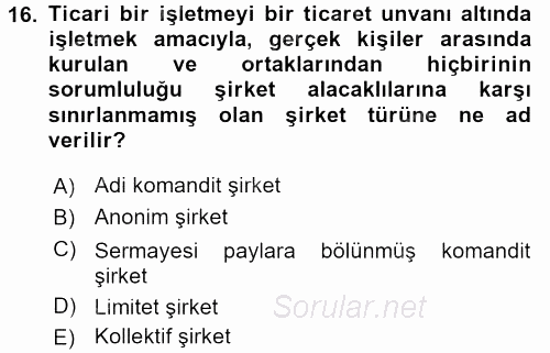 Kamu Özel Kesim Yapısı Ve İlişkileri 2015 - 2016 Tek Ders Sınavı 16.Soru