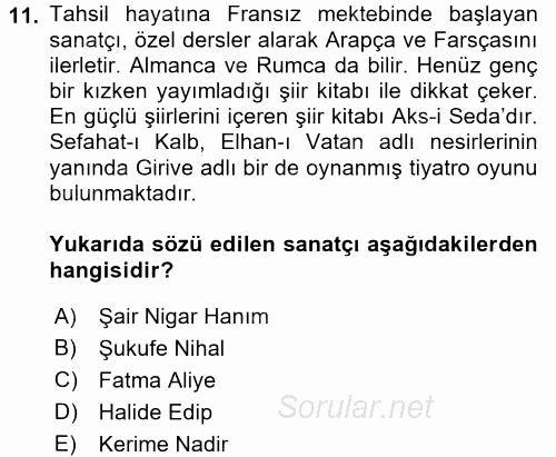 II. Abdülhamit Dönemi Türk Edebiyatı 2017 - 2018 3 Ders Sınavı 11.Soru