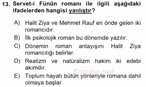 II. Abdülhamit Dönemi Türk Edebiyatı 2017 - 2018 3 Ders Sınavı 13.Soru