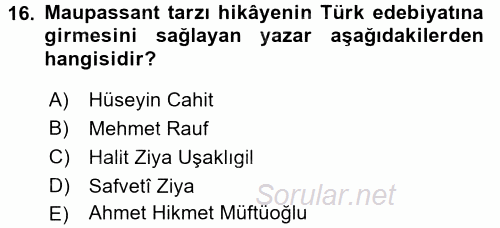 II. Abdülhamit Dönemi Türk Edebiyatı 2017 - 2018 3 Ders Sınavı 16.Soru