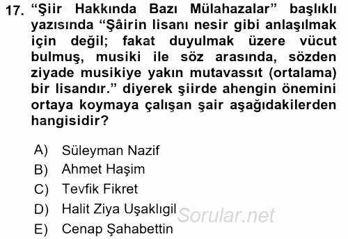 II. Abdülhamit Dönemi Türk Edebiyatı 2017 - 2018 3 Ders Sınavı 17.Soru