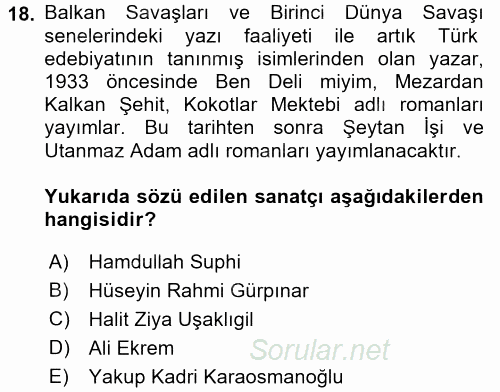 II. Abdülhamit Dönemi Türk Edebiyatı 2017 - 2018 3 Ders Sınavı 18.Soru