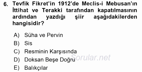 II. Abdülhamit Dönemi Türk Edebiyatı 2017 - 2018 3 Ders Sınavı 6.Soru