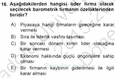 Sanayi Ekonomisi 2015 - 2016 Dönem Sonu Sınavı 16.Soru