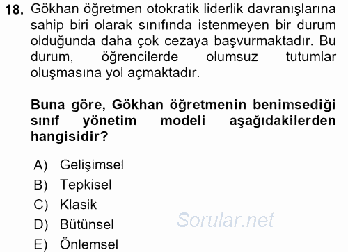 Eğitim Psikolojisi 2017 - 2018 Dönem Sonu Sınavı 18.Soru